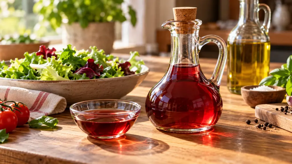 Red wine vinegar in a glass cruet beside salad and olive oil