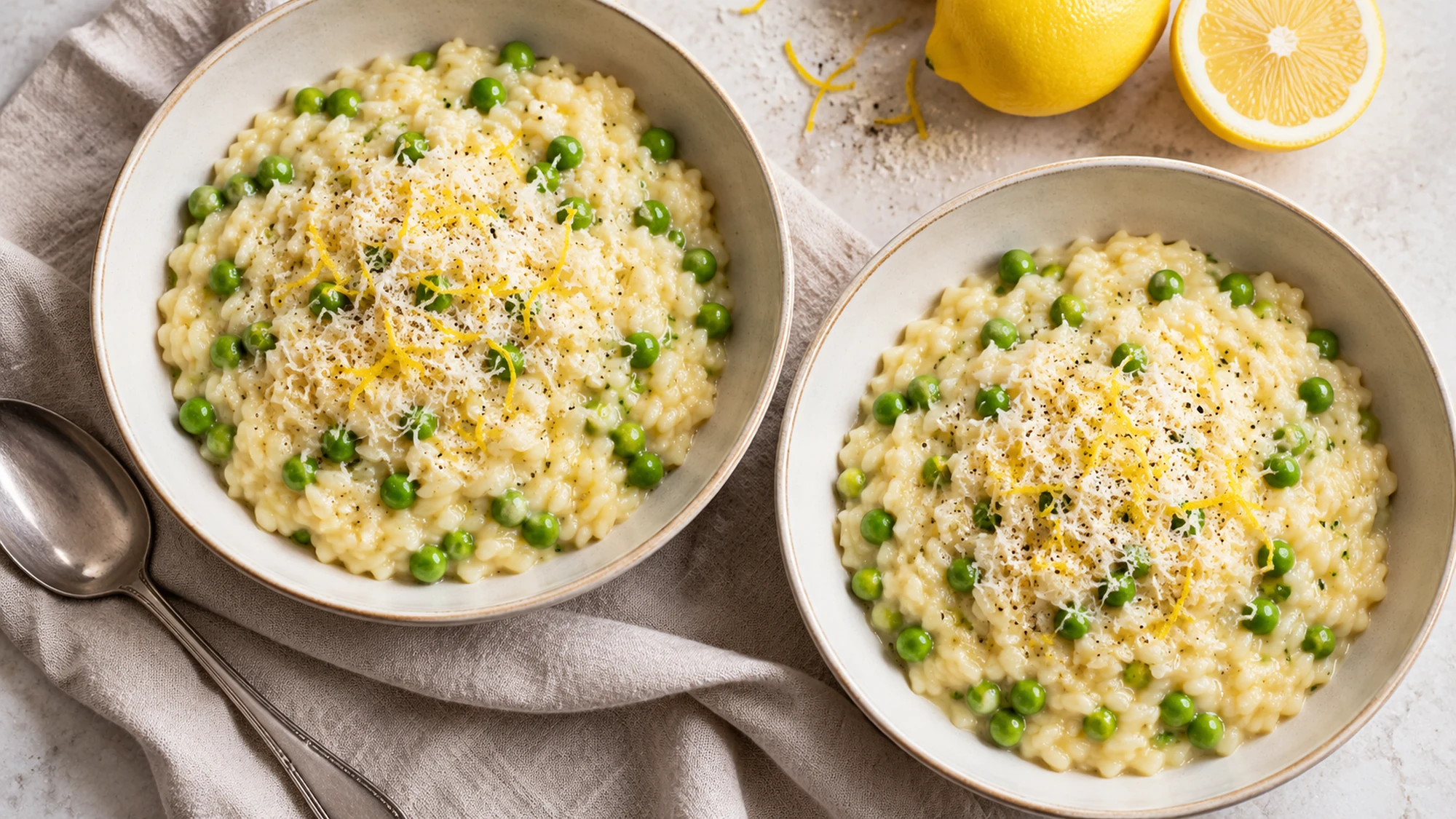 Lemon-pea risotto in two shallow bowls with Parmesan and lemon zest