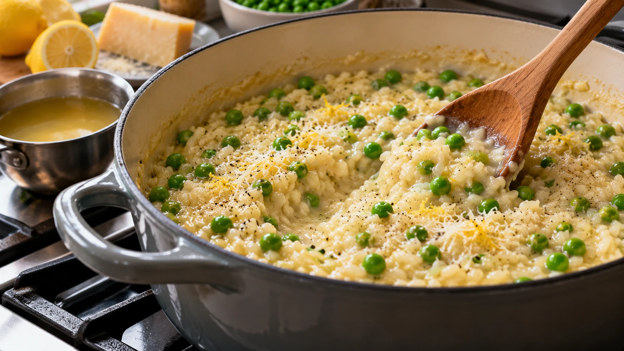 Loose risotto with green peas and Parmesan being stirred in a wide pot
