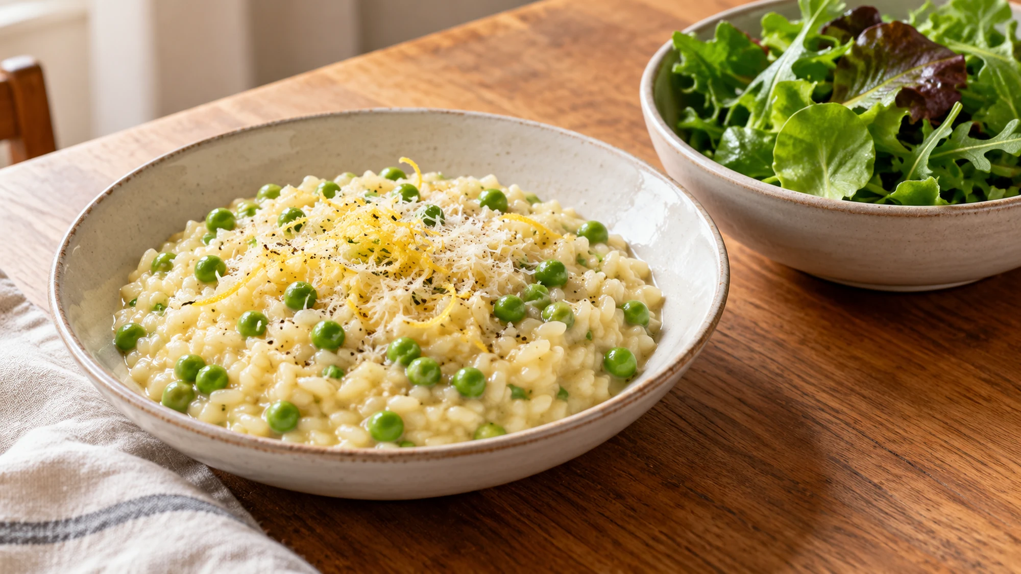 Risotto with peas and lemon served beside a separate bowl of leafy greens
