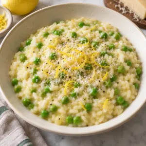 Creamy risotto with peas, lemon zest and Parmesan in a square-framed bowl