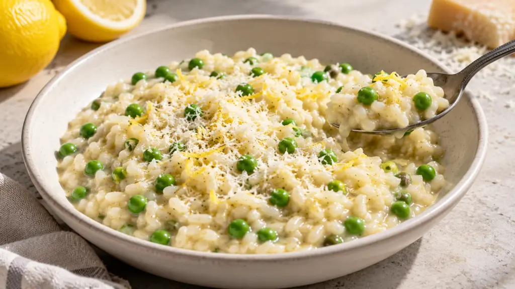 Creamy risotto with green peas, lemon zest and Parmesan in a shallow bowl