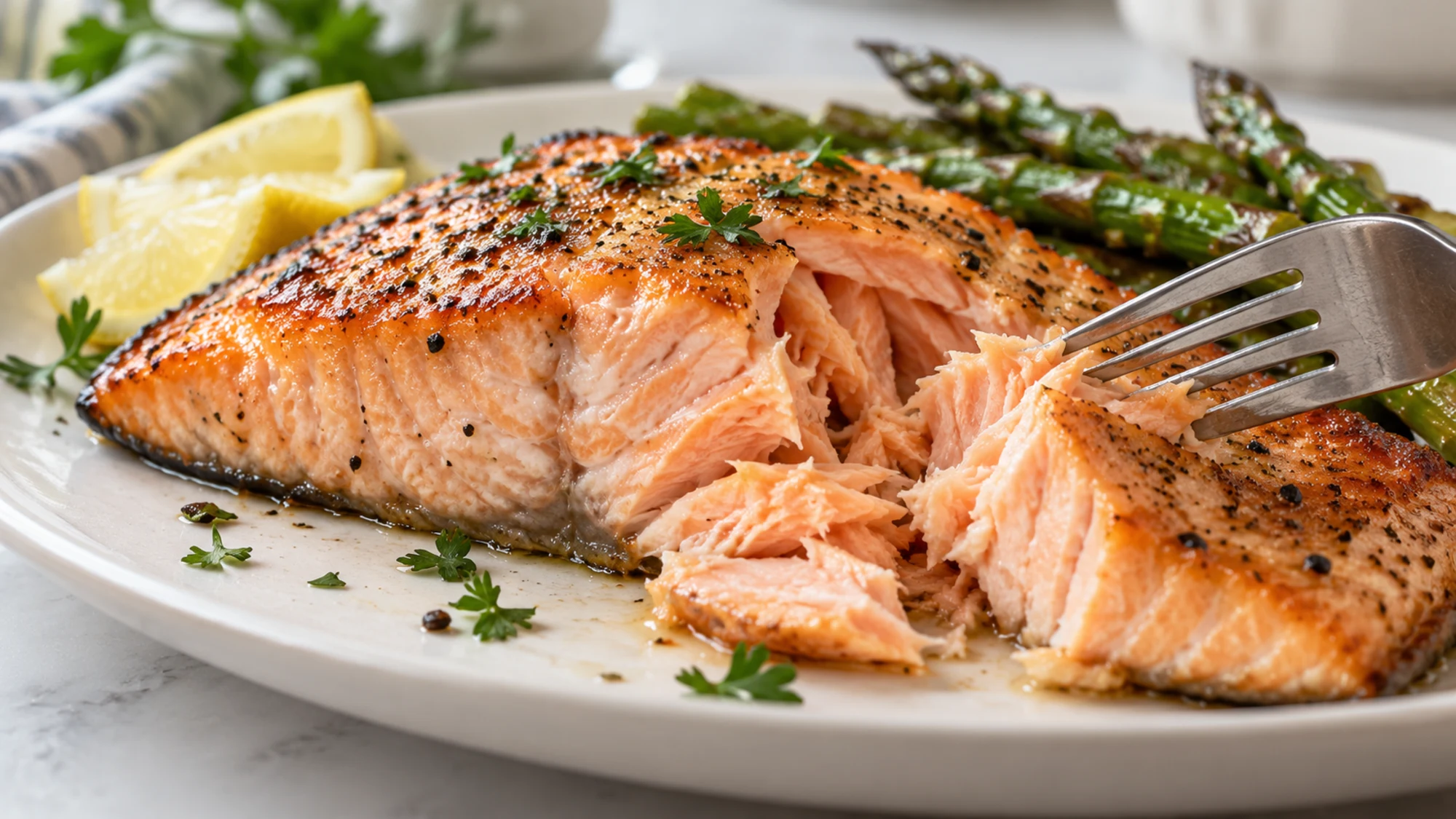 Cooked salmon separated into flakes with a fork.
