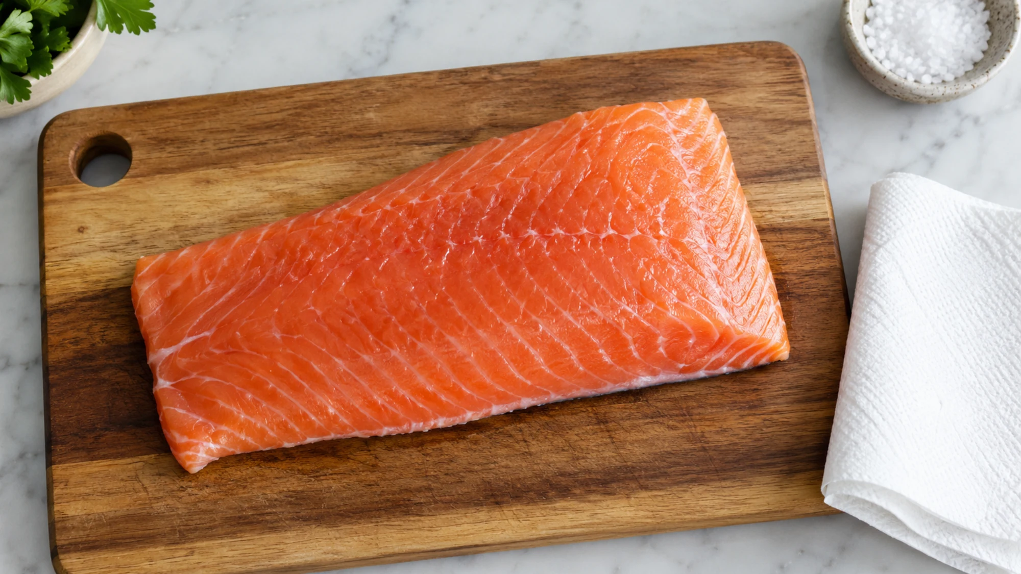 Raw salmon fillet on a wooden cutting board.