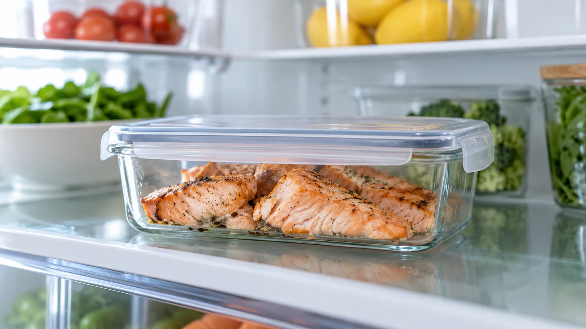 Cooked salmon in a covered container on a refrigerator shelf.