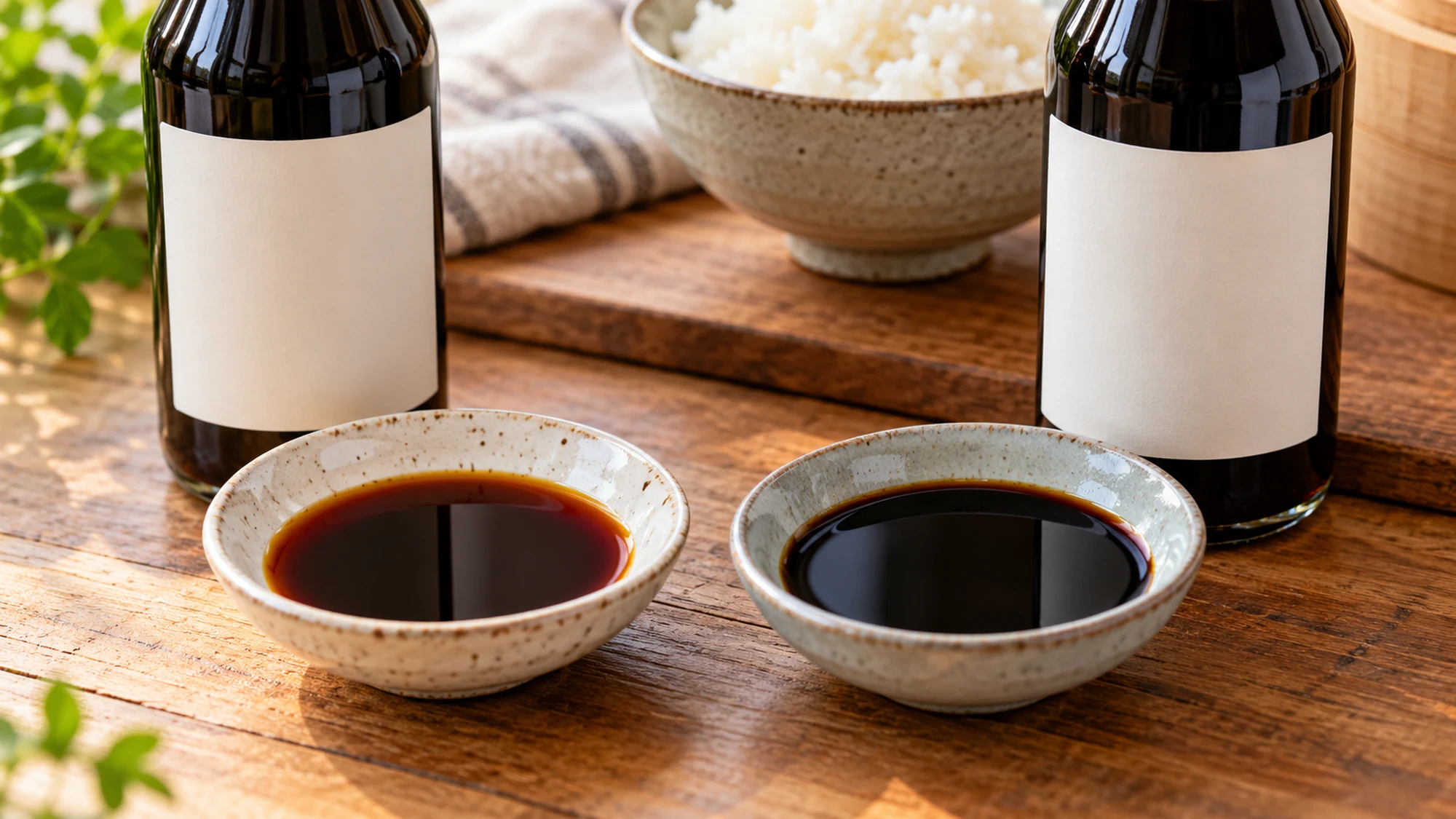 Two soy sauce bottles and dipping bowls on a wooden counter