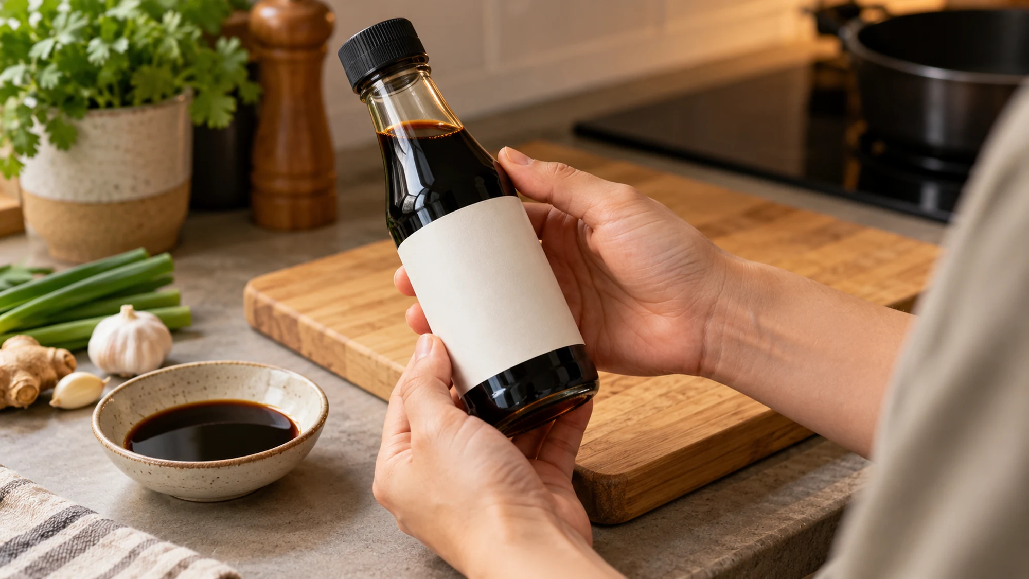 Hands holding a soy sauce bottle beside a dipping bowl