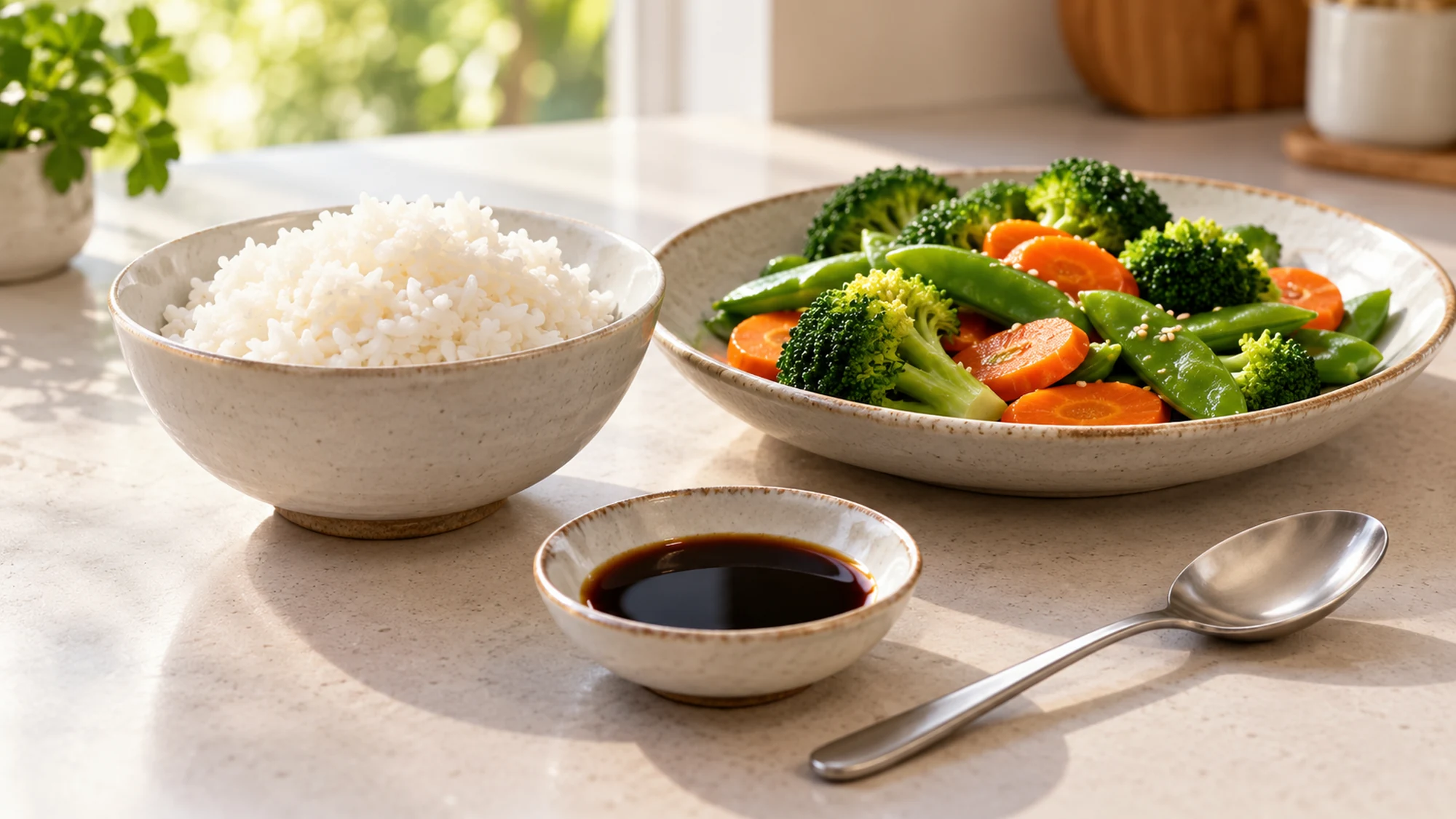 Rice and vegetables with a separate bowl of soy sauce