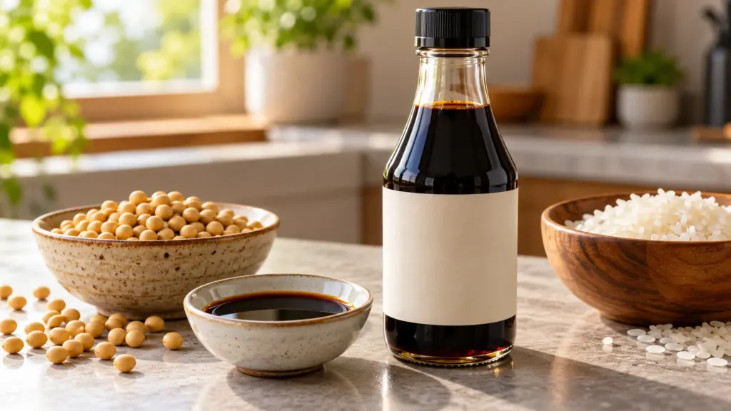 Soy sauce bottle, dipping bowl, soybeans and rice for a soy sauce and gluten free guide