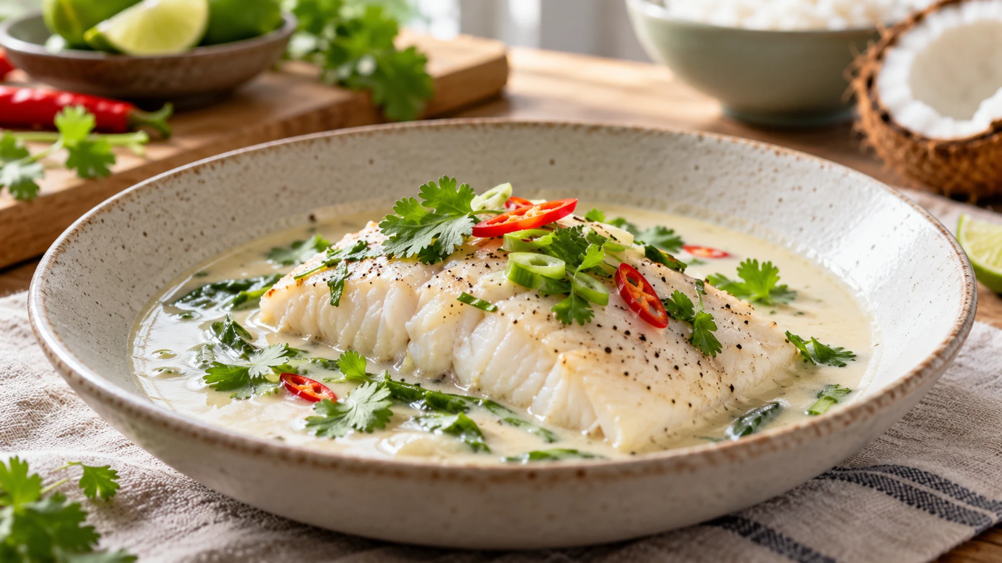 White fish fillets served in coconut sauce.