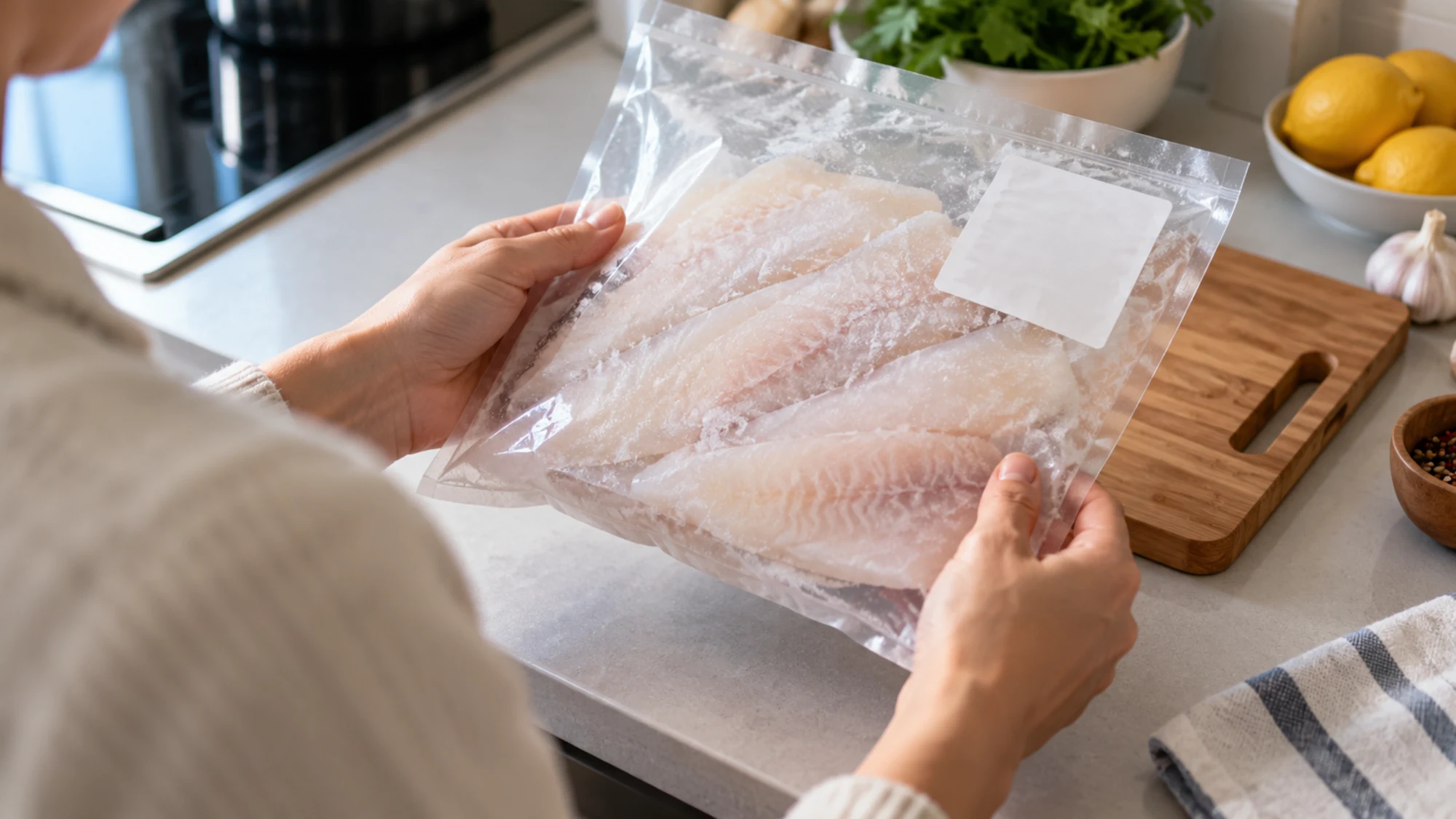 Frozen white fish fillets in a package with a neutral label.