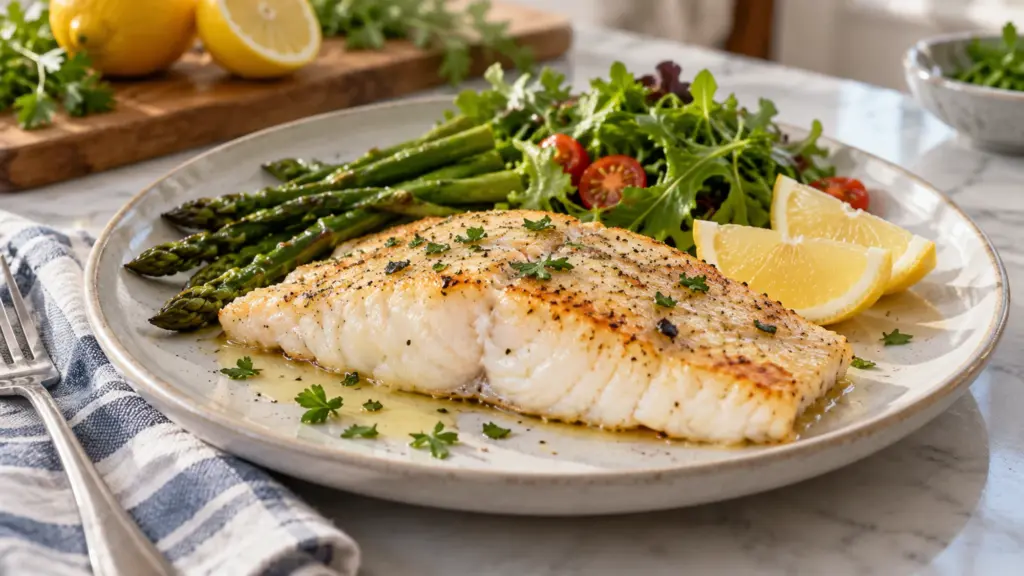Cooked white fish fillet on a plate.