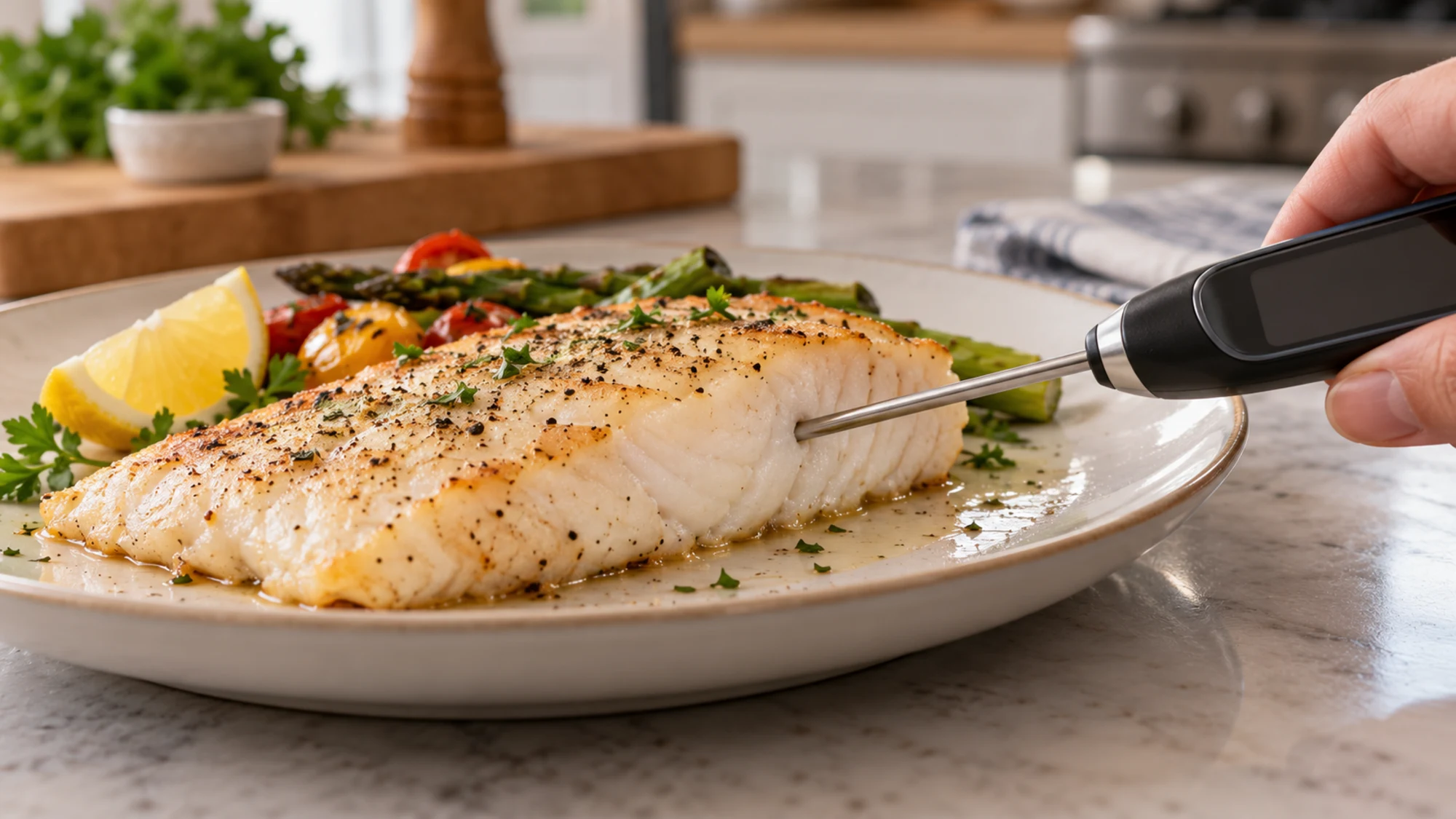 Food thermometer inserted into a cooked white fish fillet.