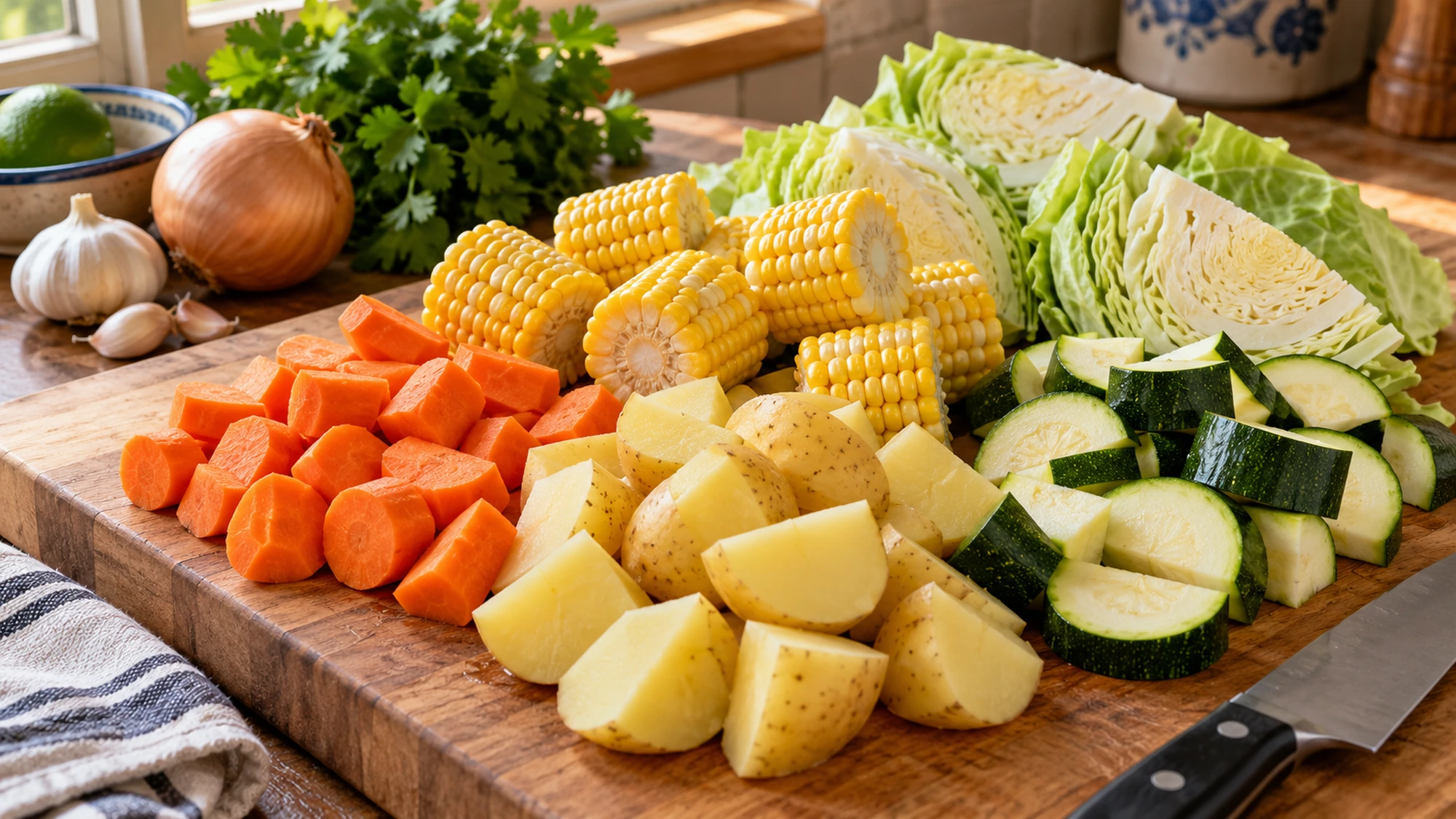 Carrots, gold potatoes, corn, cabbage and zucchini cut for caldo de res.