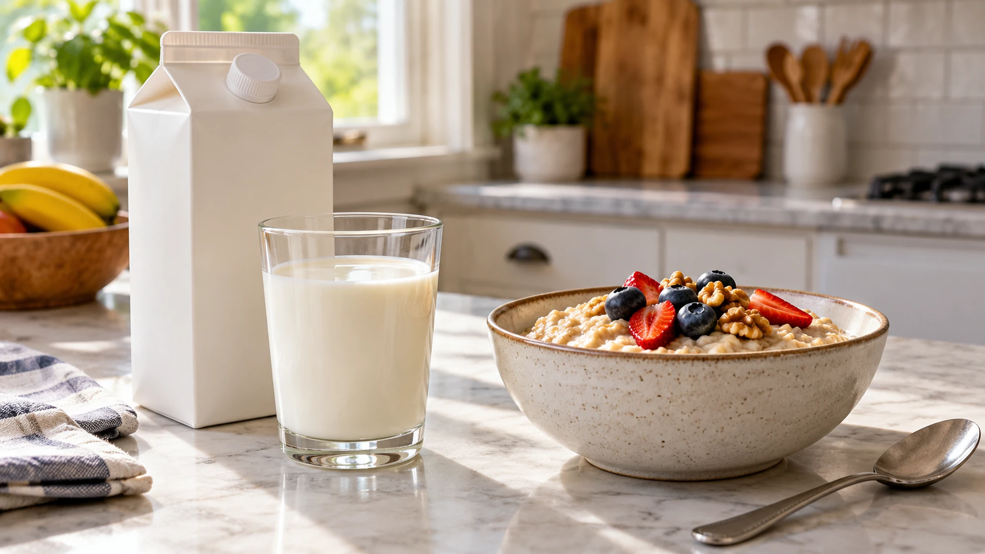A glass of milk beside a plain carton and a bowl of cereal.