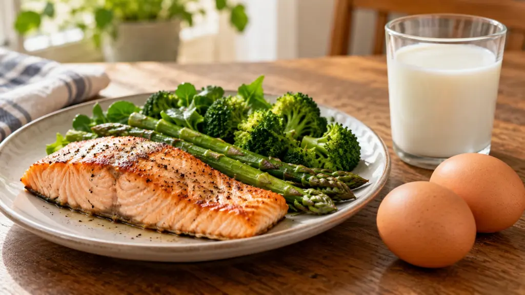 A plate of salmon and broccoli beside eggs and a glass of milk.