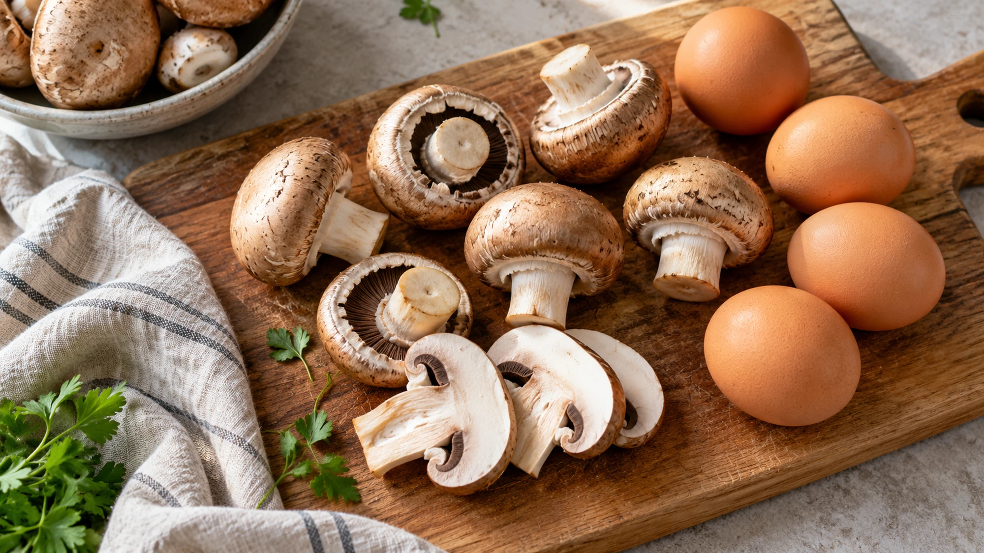 Whole and sliced mushrooms beside brown eggs on a board.