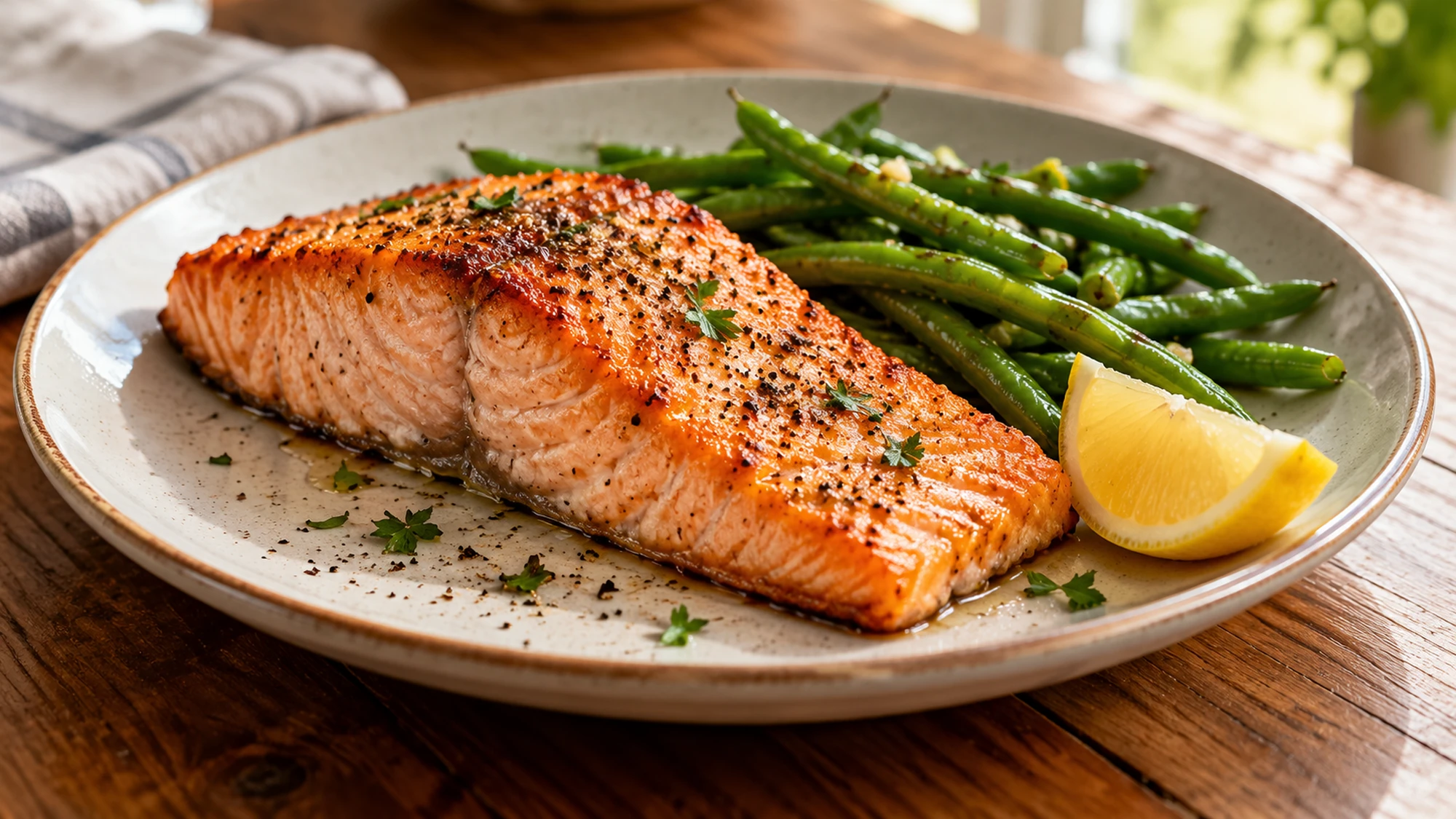 Cooked salmon served with asparagus and a lemon wedge.