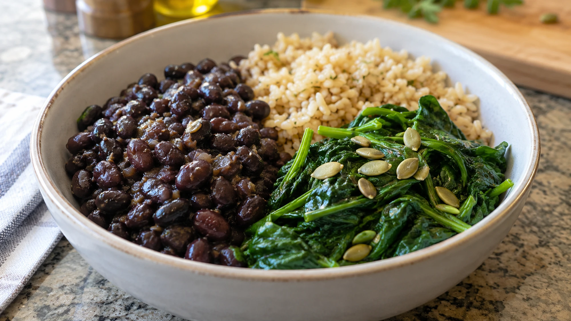 Black beans, brown rice and cooked spinach served together.