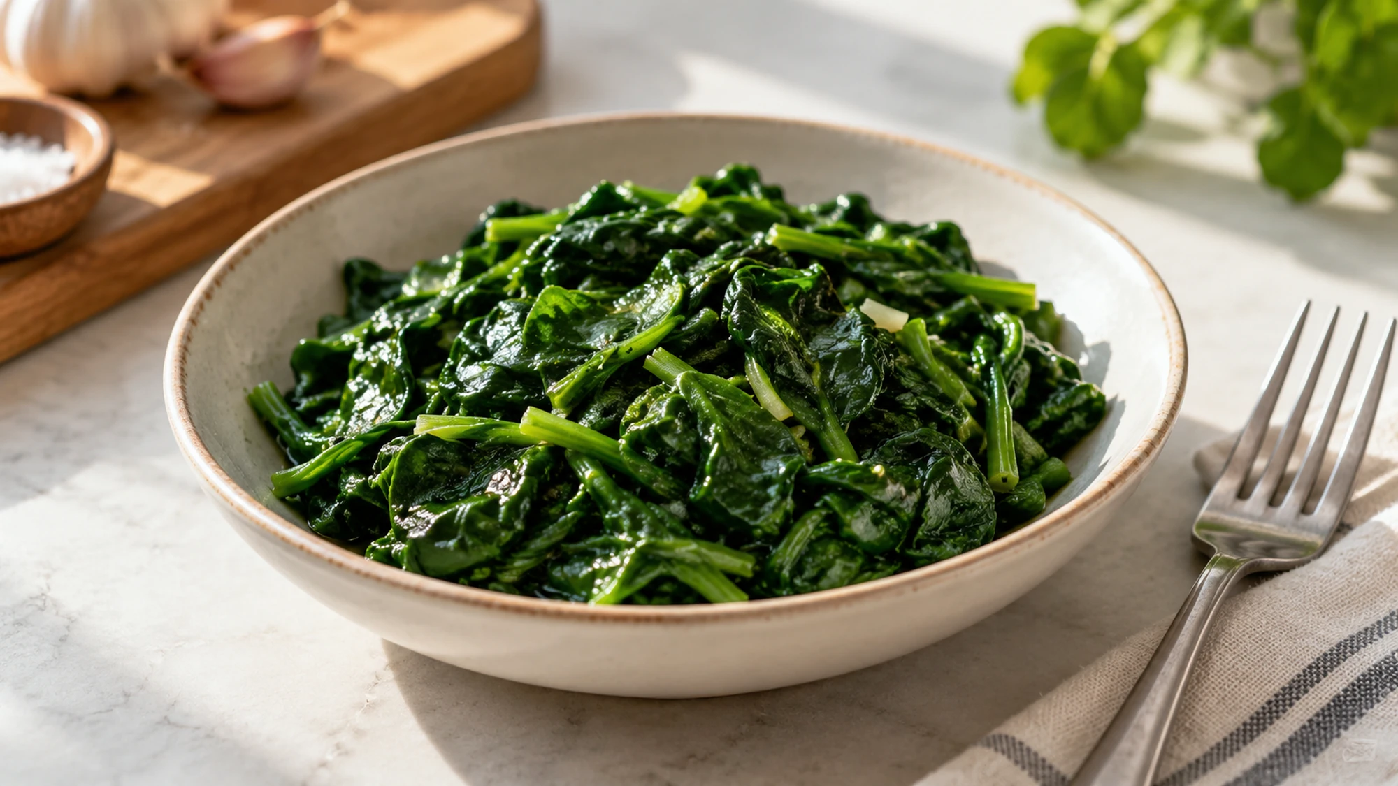 Cooked spinach in a shallow ceramic bowl.