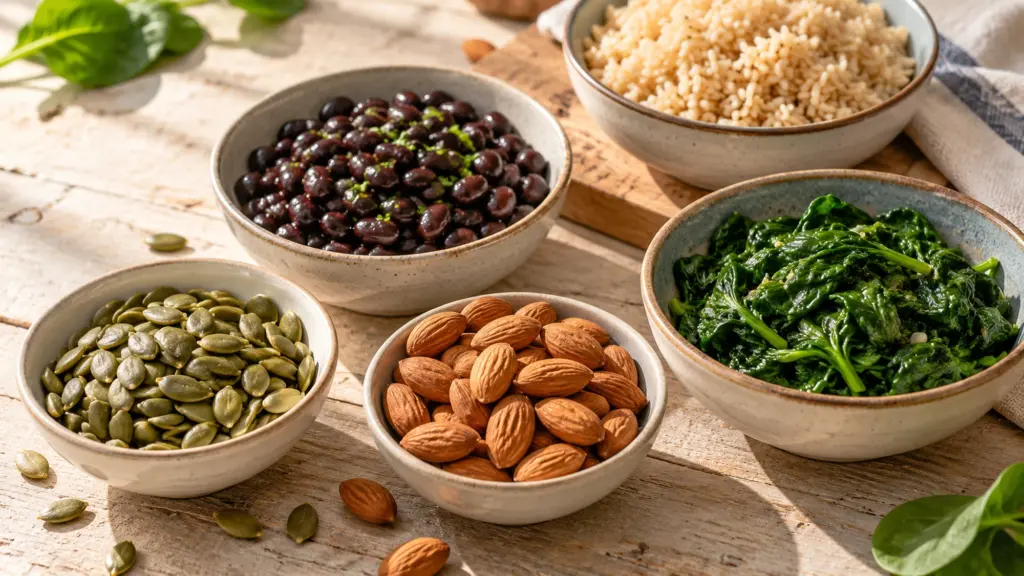 Pumpkin seeds, almonds, black beans, spinach and brown rice, foods that contain magnesium.