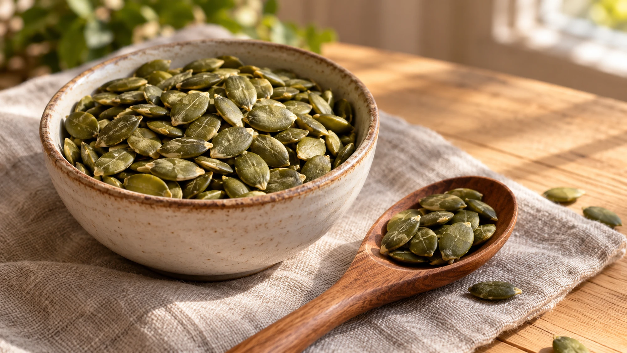 Shelled pumpkin seeds in a bowl with a wooden scoop.