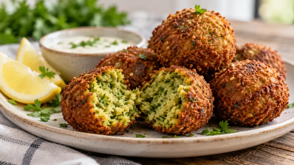 Crisp falafel split open to reveal its green herb-flecked center