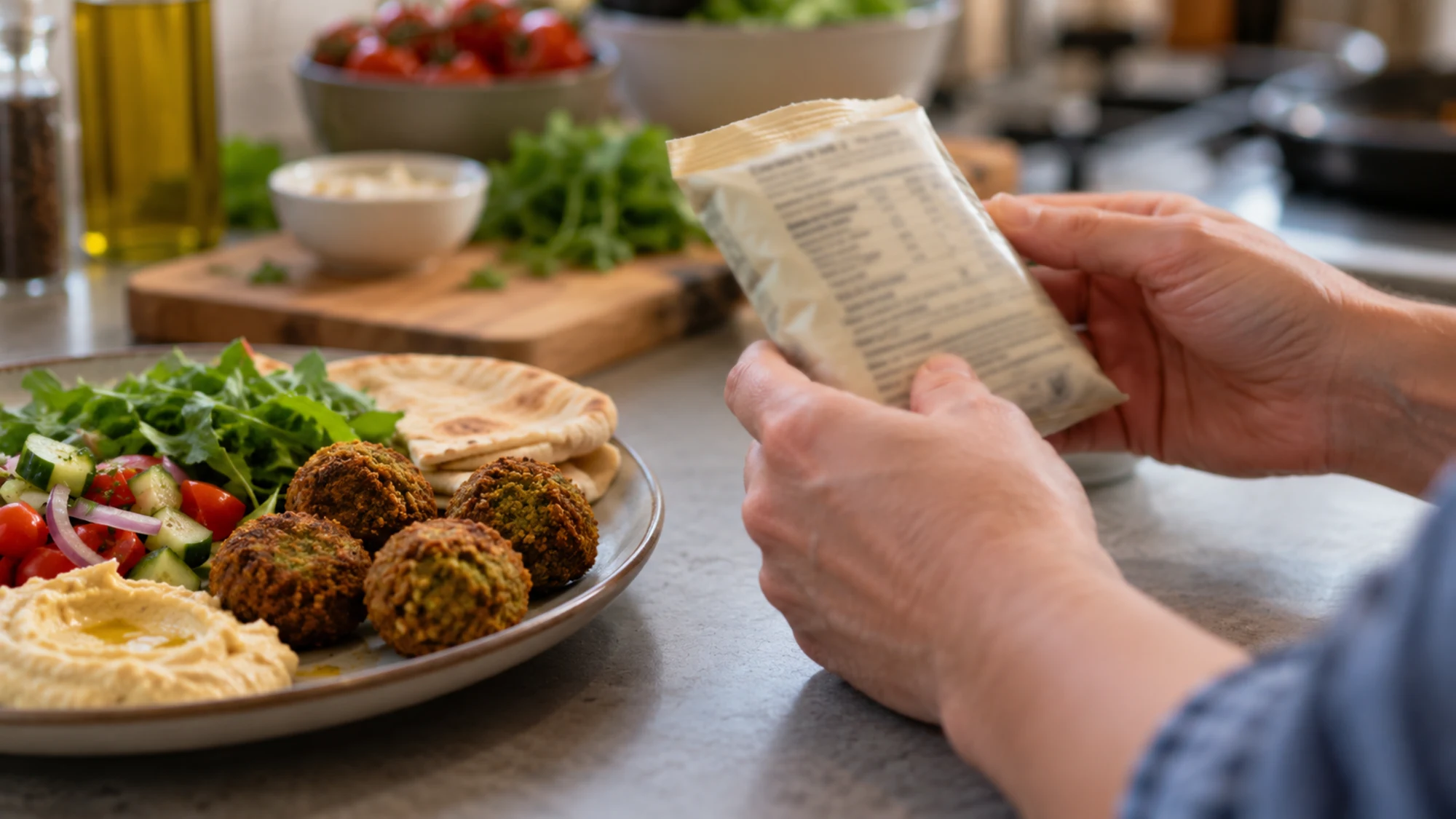 An adult checking a package label beside a falafel meal
