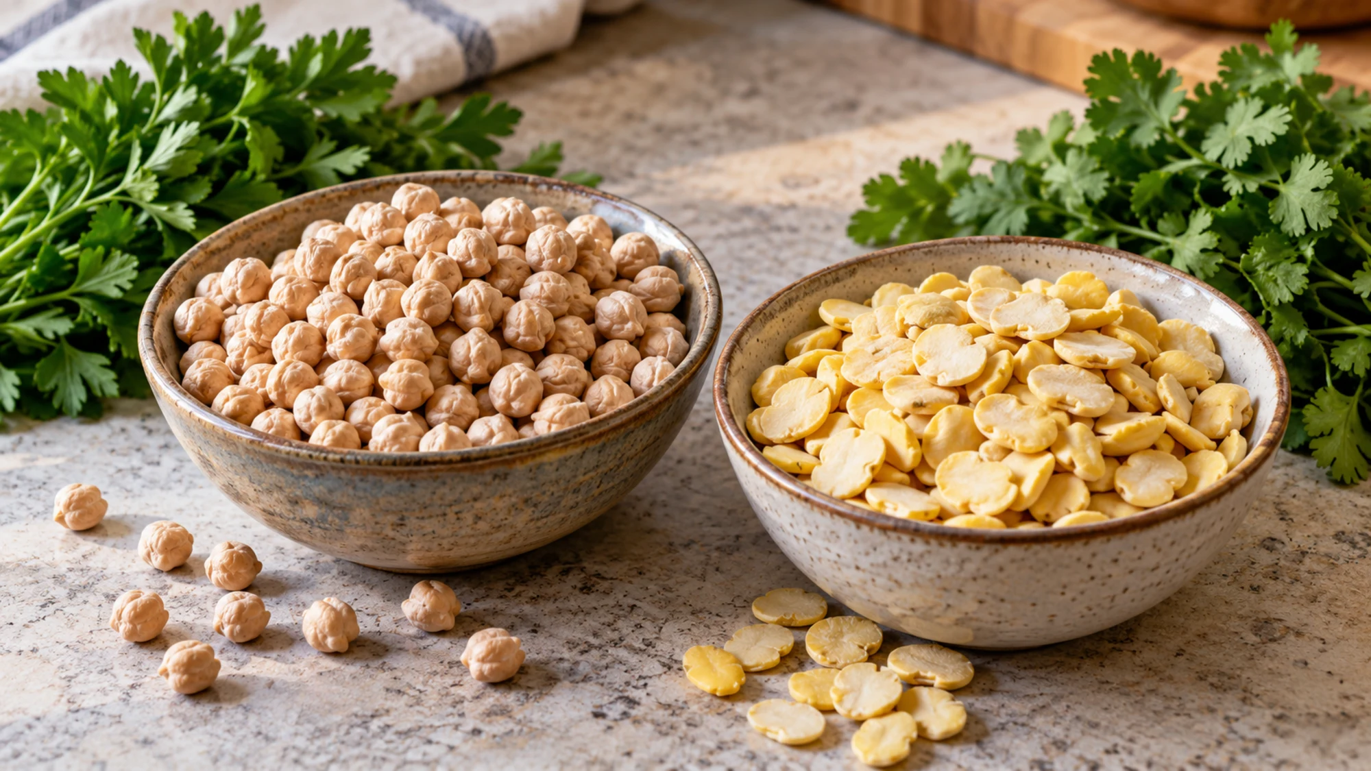 Separate bowls of dried chickpeas and peeled split fava beans with fresh herbs
