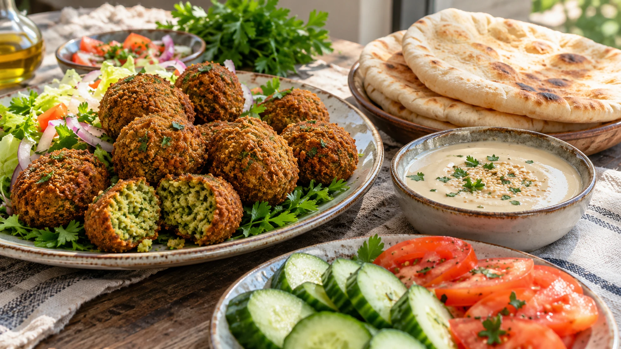 Falafel served with separate pita bread, tahini sauce, sliced cucumber and tomatoes