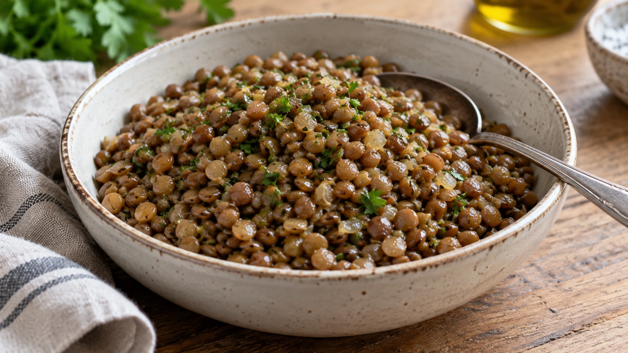 Cooked lentils in a ceramic bowl.