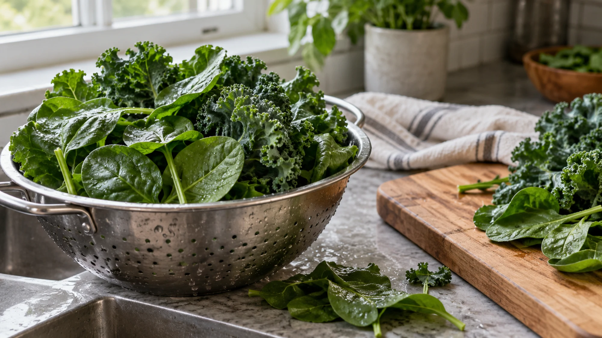 Fresh spinach and kale in a colander.
