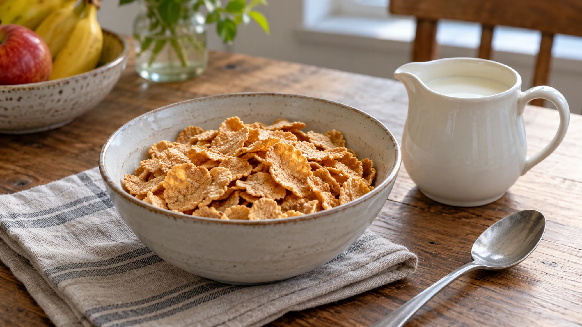 Breakfast cereal beside a small jug of milk.
