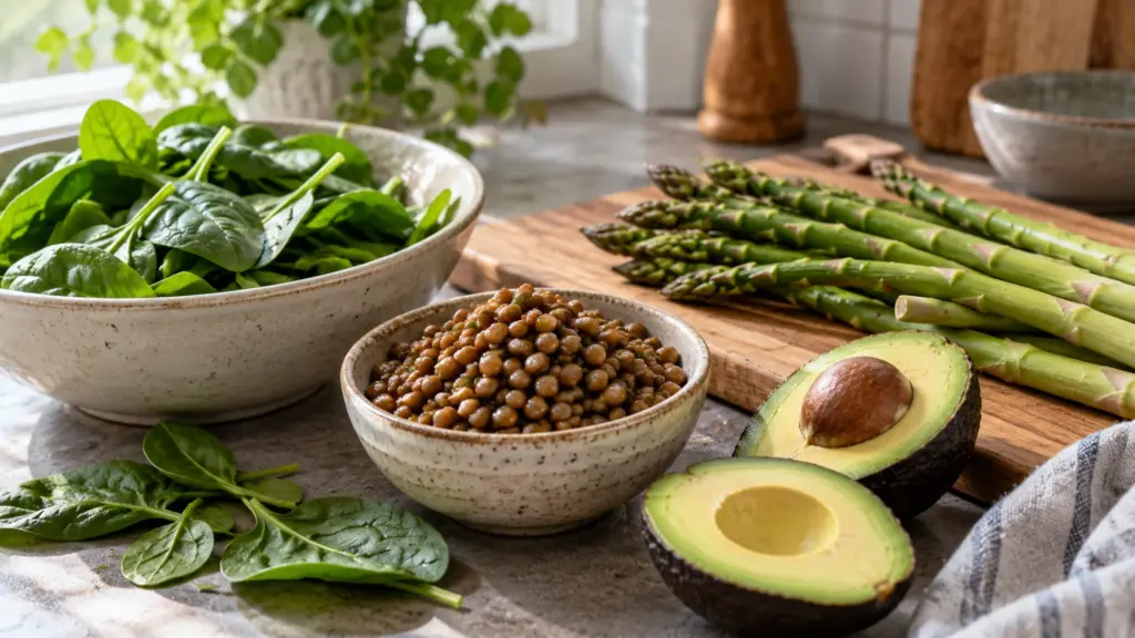 Spinach, lentils, avocado and asparagus on a kitchen table.