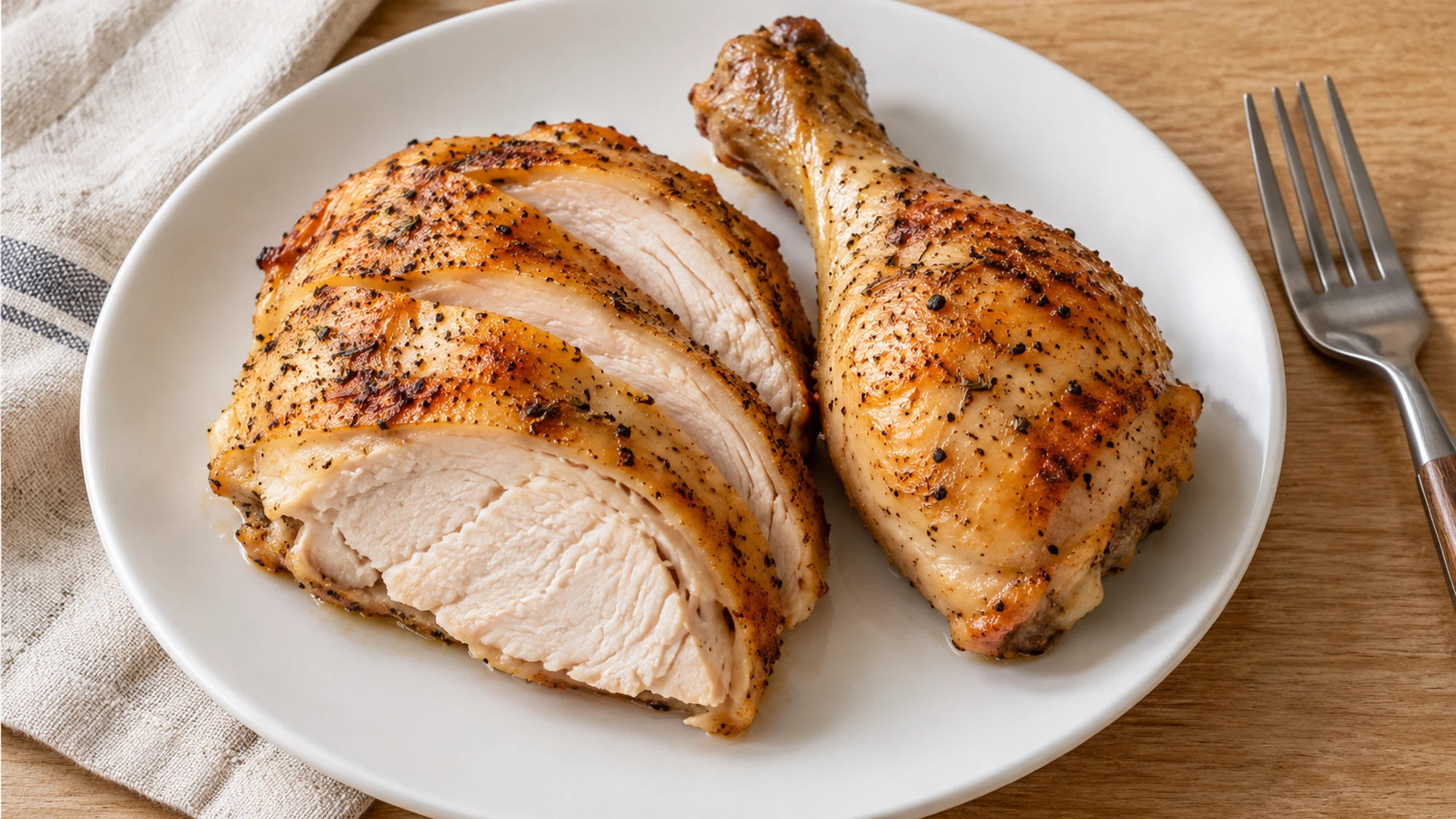 Carved breast slices and a drumstick from a roasted whole chicken on a white plate.