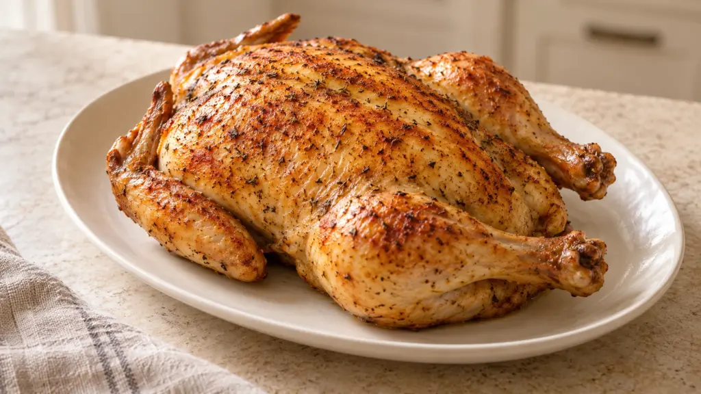 Golden whole chicken with paprika and dried-thyme seasoning on a plain platter.
