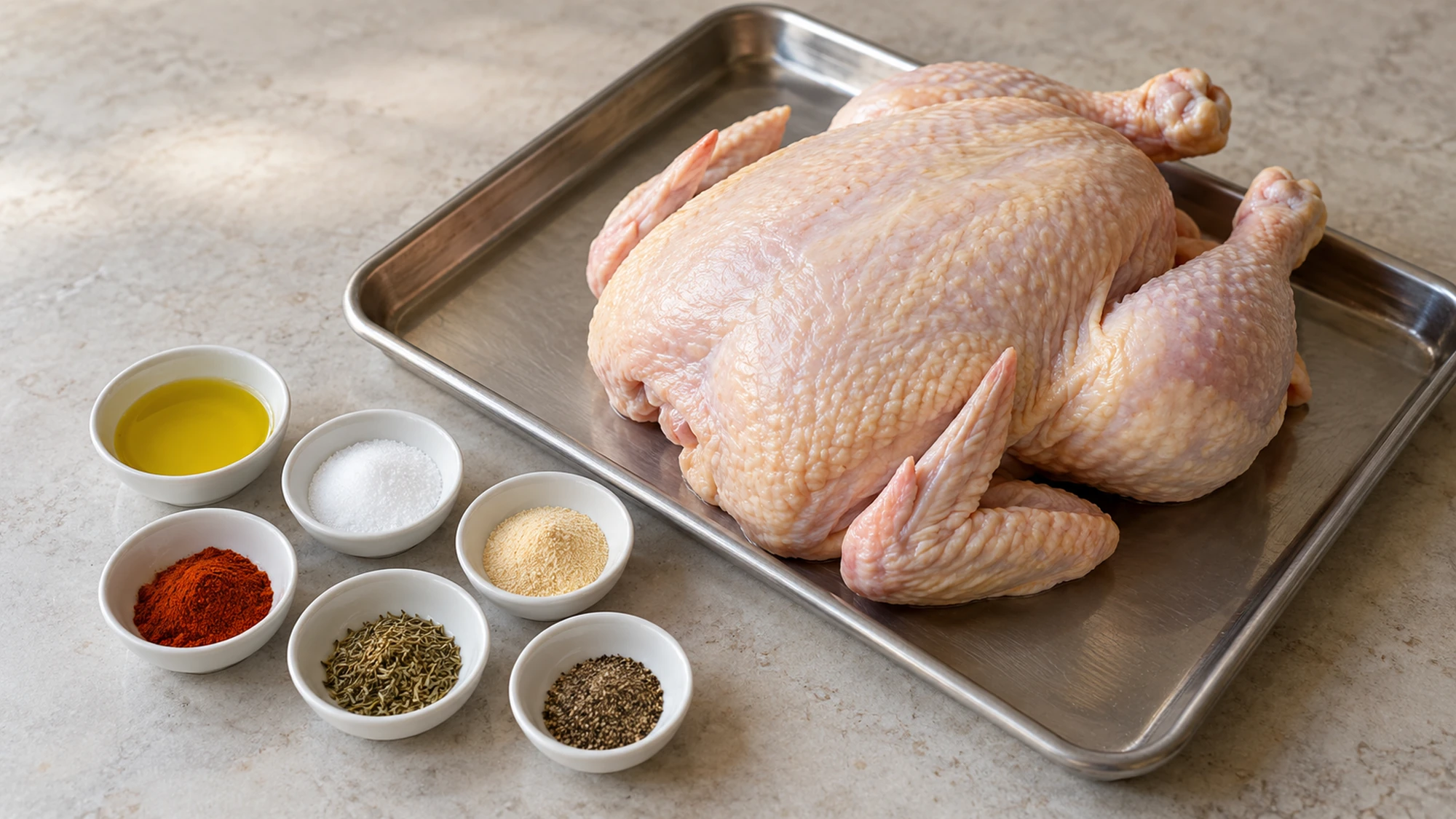 Whole chicken with olive oil, fine salt, garlic powder, paprika, dried thyme and black pepper.
