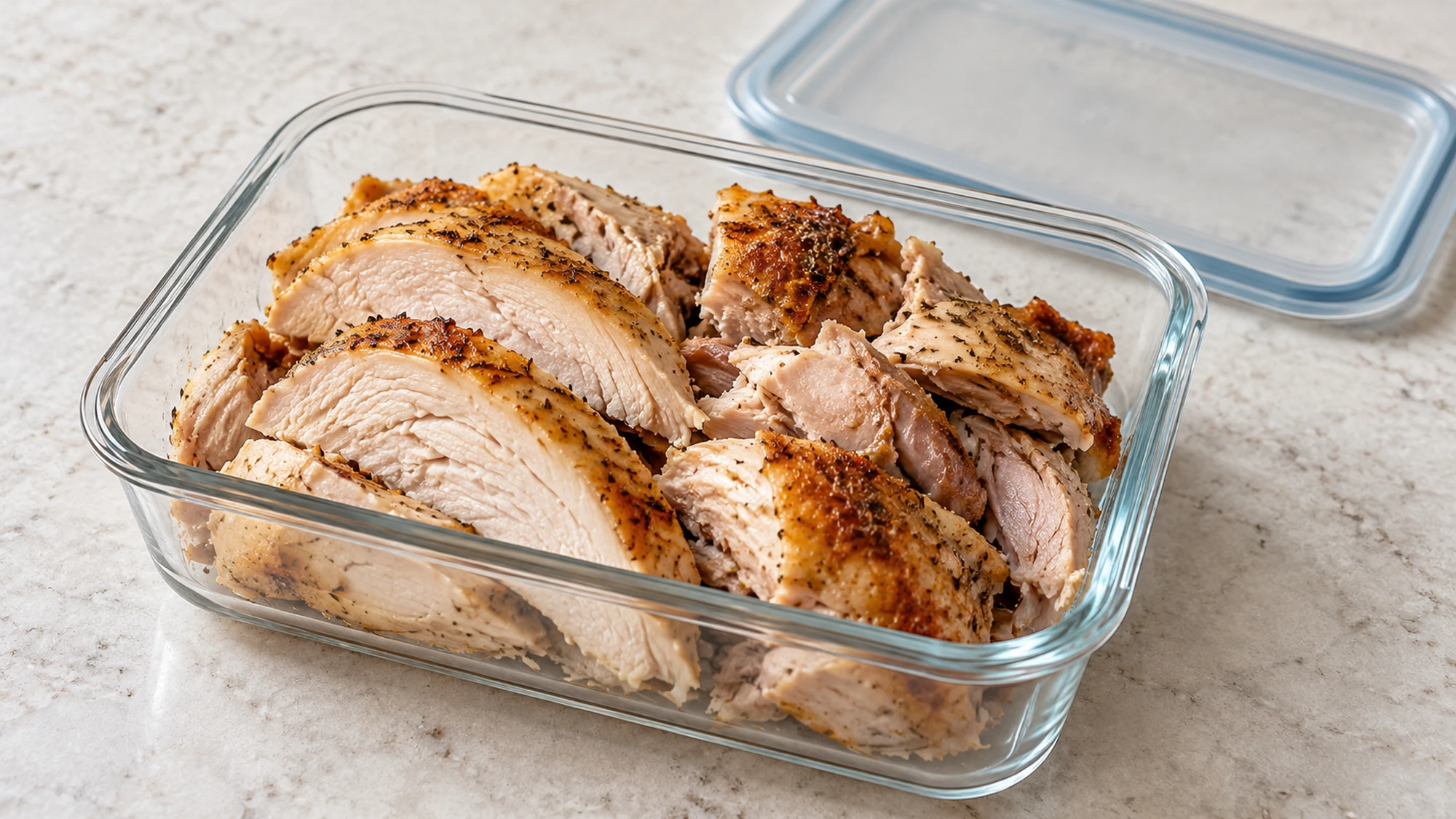 Carved whole chicken leftovers in a glass storage container with its lid beside it.