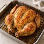 Golden seasoned whole chicken resting breast-up on a rack in a roasting pan.
