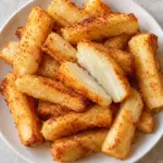 Golden yuca fries on a cream ceramic plate