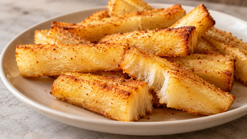Yuca fries with golden edges and soft centers on a cream plate