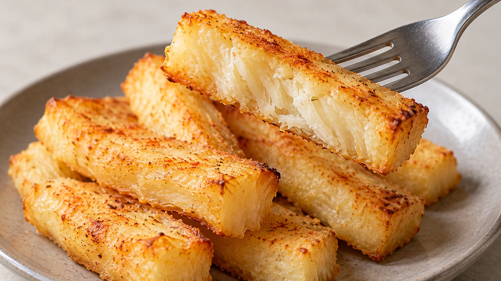 Yuca fries with one piece broken open to show its soft starchy center